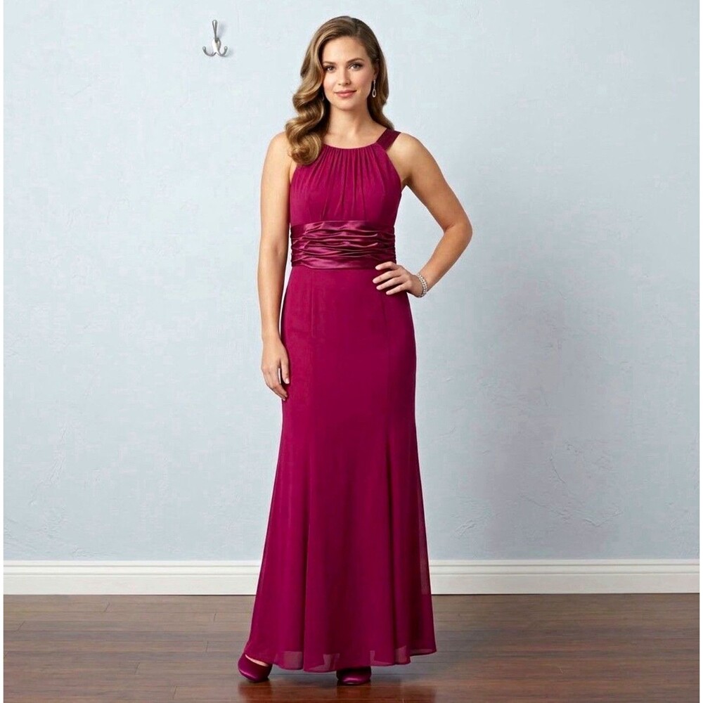 David's Bridal Size 12 Burgundy Chiffon Maxi Column Dress Sleeveless Ruched